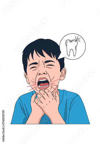 A young boy experiences severe toothache and discomfort in his mouth. The bubble above his head depicts a cavity-ridden tooth.
