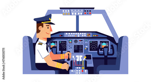 Pilot At Work Operating Airplane, Ready For Flight, Inside Cockpit, Aviation Job