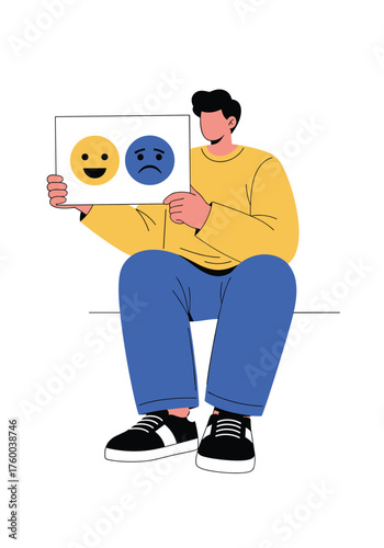 A person holding a board with happy and sad emojis illustrating mood and feelings.
