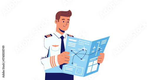 Pilot Studying Flight Plan in Uniform Against Black Background Concept Illustration