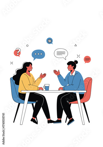 Two people sitting at a table communicating through speech bubbles indicating a conversation.