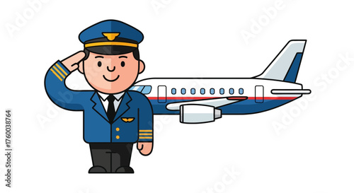 Pilot's Salute And Commercial Airliner Depicted In A Simple, Cartoon Illustration