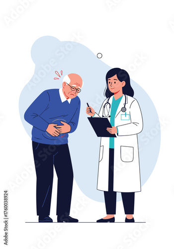 Doctor consulting an elderly man experiencing abdominal pain for medical diagnosis and treatment.