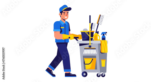 Professional Janitor Cleans Efficiently, Using Cleaning Supplies with Cart for Cleanliness