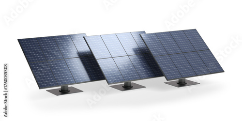Three modern solar panels on metal stand isolated on a transparent background, 3d illustration