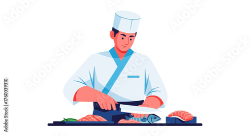 Professional Sushi Chef Is Preparing Fish Beautifully for Asian Japanese Cuisine Creation