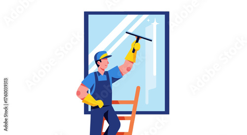 Professional Window Washer Cleaning Glass With Squeegee, Work and Service in Flat Style