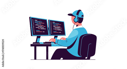 Programmer Coding With Headset At His Desk Focused On The Computer Screens