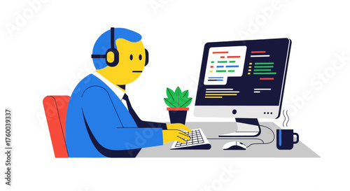 Programmer Concentrating On Coding With Computer, Illustrative and Modern Digital Workspace