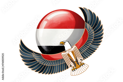 Eagle with spread wings encircles a sphere displaying the Egyptian flag, representing national pride.
