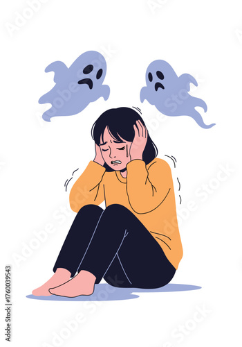 Young person experiencing anxiety and fear with ghostly figures looming overhead.