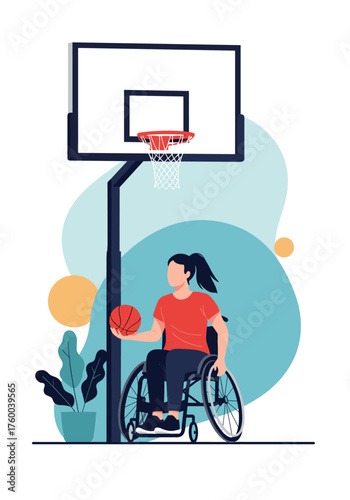 A young woman in a wheelchair playing basketball on a court.
