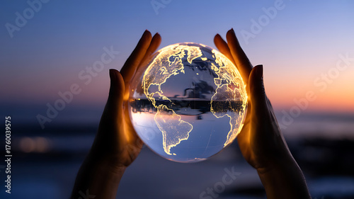 Hands cradle a glowing globe, reflecting a vibrant sunset and interconnected world.
