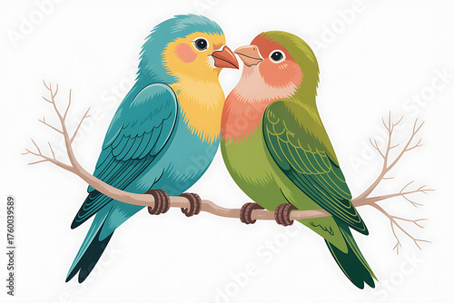 Two colorful parrots affectionately nuzzle, perched on a branch, displaying vibrant plumage.