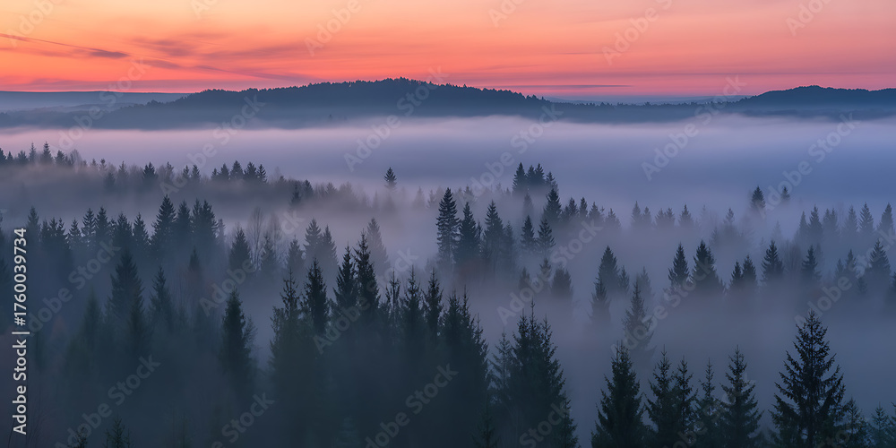 Fototapeta premium Mist-shrouded forest landscape at dawn, with rolling hills and a soft, ethereal glow.
