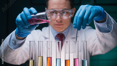 Scientist in lab coat carefully pours liquid between test tubes, conducting research.
