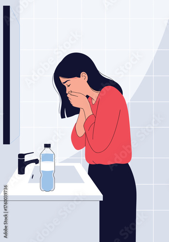 A young woman feeling unwell and reaching for a bottle of water near a sink.