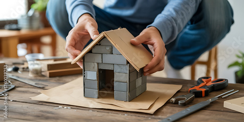 Hands carefully construct a miniature house model with wood and brick elements.