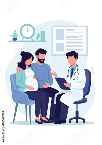 A doctor discusses a pregnancy with a couple in a clinic.