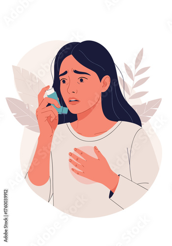 A young woman experiencing an asthma attack holds her inhaler to her mouth for relief.