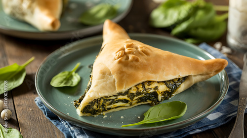 Savory triangular pastries filled with vibrant green spinach, served on rustic plates with fresh garnish.