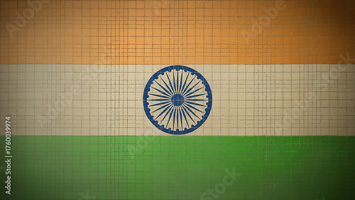 Tri-color flag with saffron, white, and green, featuring a central blue wheel emblem.