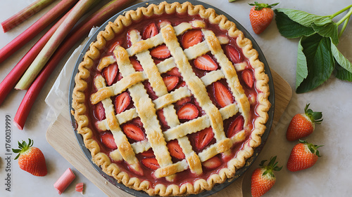 Fresh strawberry and rhubarb pie, beautifully latticed, sits on a wooden board, invitingly displayed.