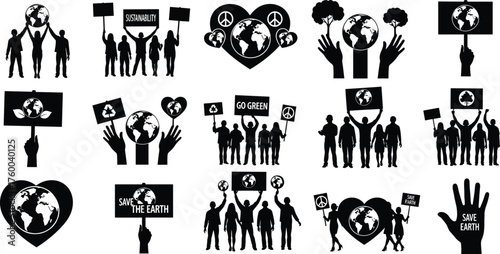 Save the Earth Protest Silhouette Set | Environmental Activism Vector & Climate Awareness Illustration