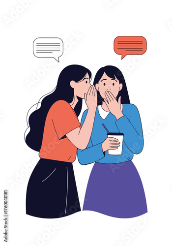 Two friends sharing secrets and whispering gossip in a casual setting while holding a drink.