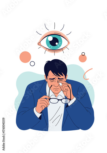 A man is struggling with blurry vision and eye strain while trying to clean his glasses.