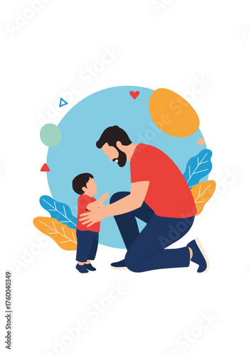 A father crouches down to encourage his young son who is learning to walk.