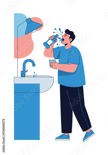 A young man is drinking water from a bottle at the sink in the bathroom.