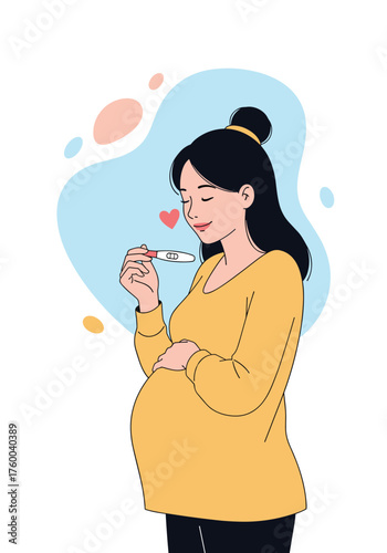 A pregnant woman happily looking at a positive pregnancy test result confirming her new life journey.