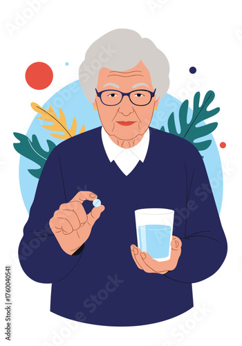 An elderly person holding a pill and a glass of water for medication.