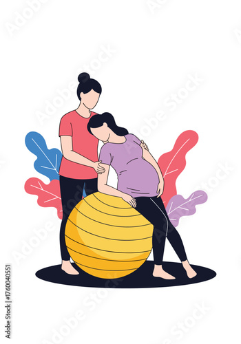 Gentle childbirth support with a trained doula assisting a pregnant woman using an exercise ball.