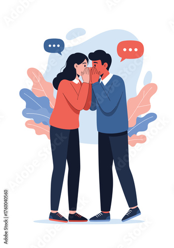 A couple is sharing a secret while whispering in each other's ears surrounded by colorful plants and chat bubbles.