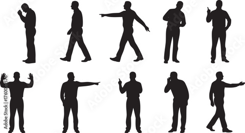 Male Silhouette Set in Different Standing and Walking Poses Businessman Gestures and Body Language Vector Illustration