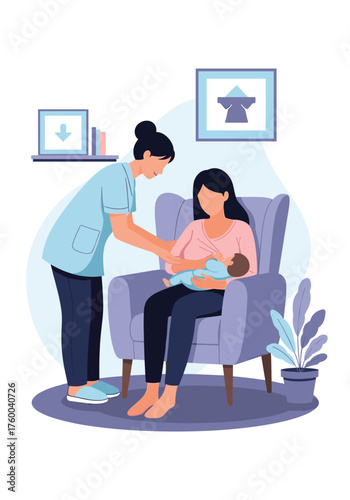Healthcare professional assists a mother with breastfeeding her newborn baby in a comfortable chair.