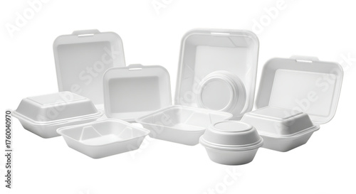 Collection of white styrofoam food containers isolated on transparent background