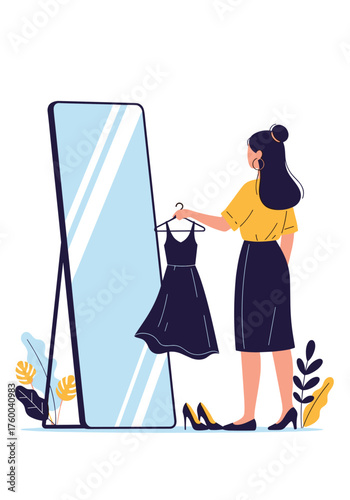 A woman holds up a dress to her reflection in a large mirror while choosing an outfit.