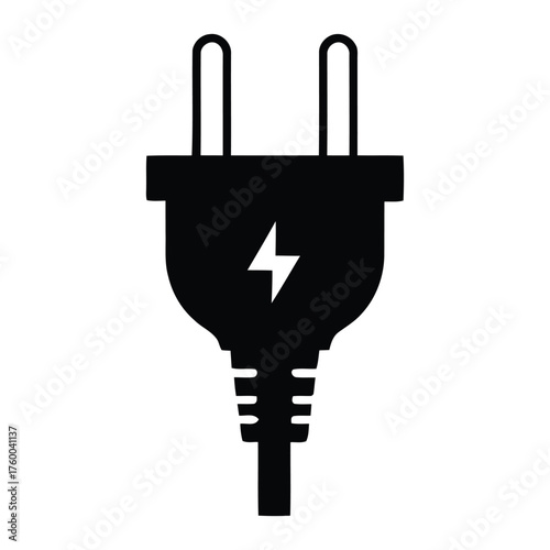 Solid black electrical power plug silhouette with lightning bolt symbol icon