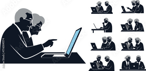 Elderly Couple Using Laptop for Telehealth Silhouette Set | Senior Digital Healthcare Vector Icons & Online Consultation Clipart