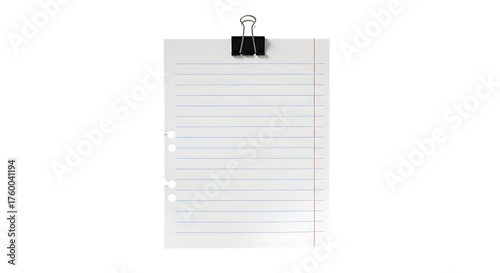 Sheet of lined paper held by a binder clip isolated on transparent background