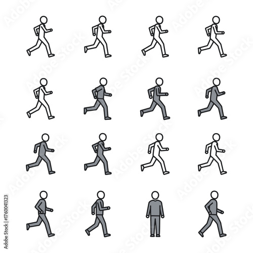 Extensive Collection of Human Running and Walking Movement Icons with Varied Styles