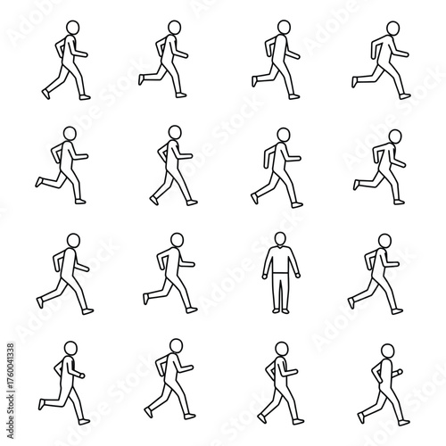 Large Set of Outline Stick Figures Illustrating Various Running and Walking Cycles