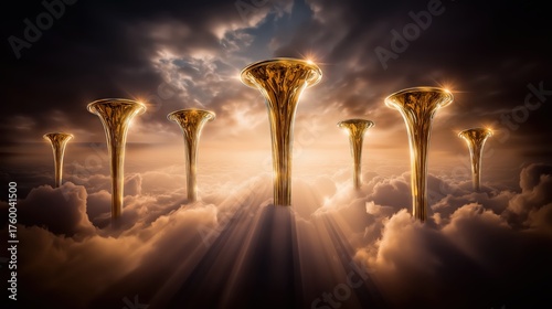 Seven brass trumpets rise from heavenly clouds, radiant with golden light and sunbeams, symbolizing the seven trumpets of Revelation and God’s divine judgment.