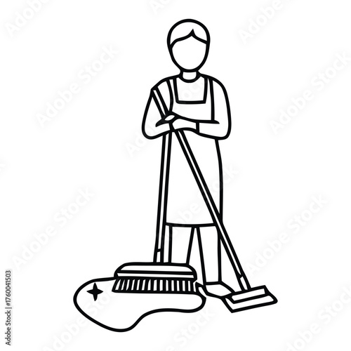 Professional cleaning worker sweeping up a spill with broom and dustpan for floor care