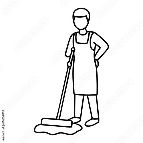 Dedicated floor maintenance worker observing a freshly mopped wet floor area after cleanup