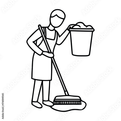 Thorough cleaning attendant preparing to wash a floor with a bucket and scrub brush