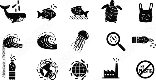 Microplastic Pollution Awareness Silhouette Set | Environmental Protection Vector & Ocean Cleanup Concept